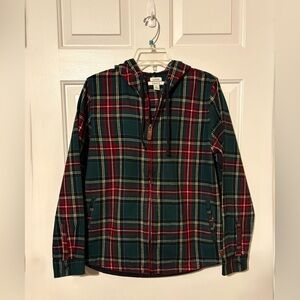 L.L. Bean Women's Cotton Flannel Hooded Unlined Shacket Red Green Plaid Size M